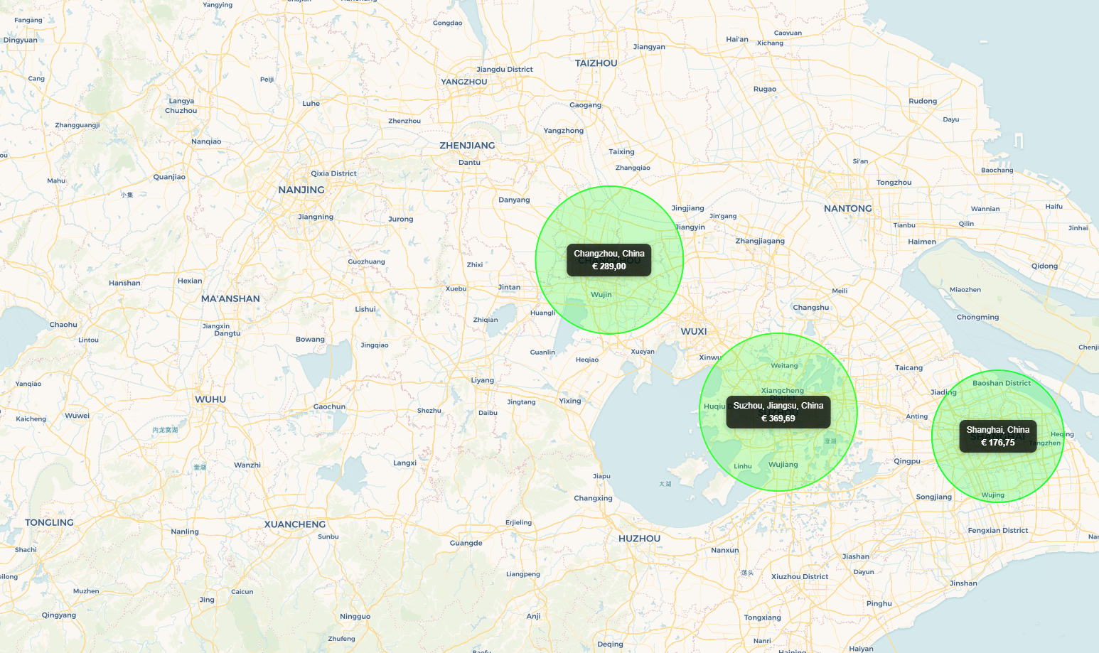 Budget map view showing cost circles per destination — sized by total spend — in Plan To Travel