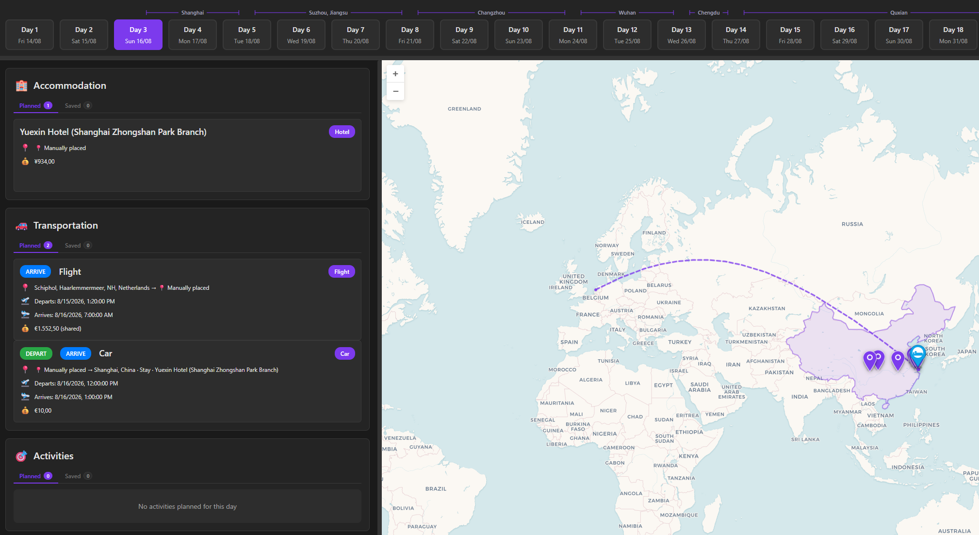 Day view showing all scheduled items — transport, accommodation and activities — for a single day in Plan To Travel
