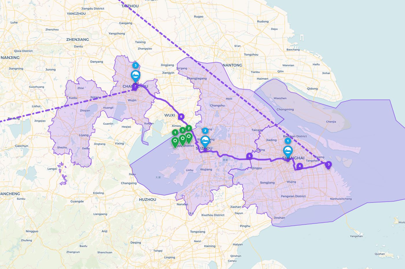 Interactive map showing destinations, transport routes and activity pins in Plan To Travel